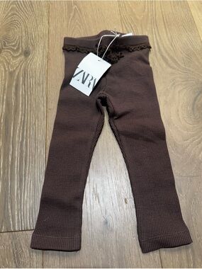 BNWT Zara Kids Dark Brown Ribbed Leggings with Lace Waist Trim